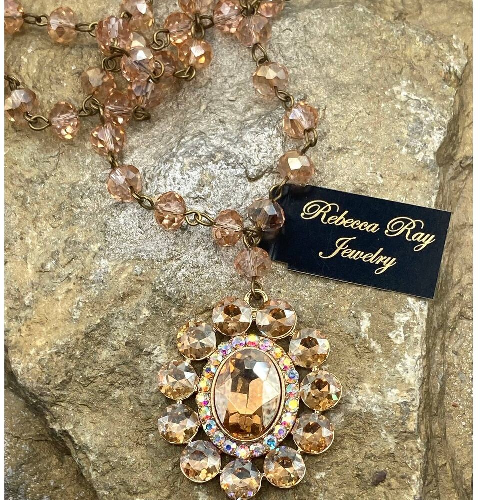Crystal Concho Statement Necklace | Apricot Crystal Bead Chain & CZ Accent | 18"